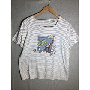 Womens Victoria Jones Shirt Square Neckline Giraffe Embroidery Vintage Striped